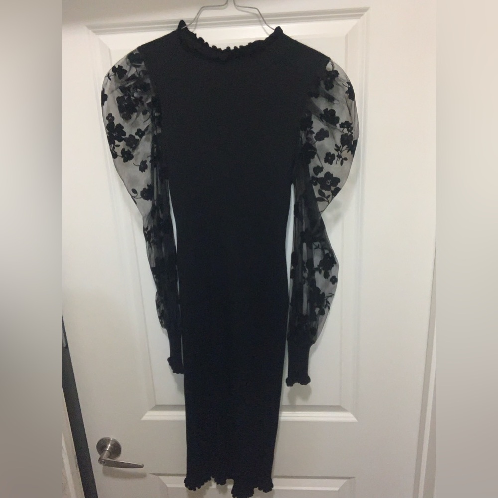 AMO Black Dress with Sheer Floral Sleeves